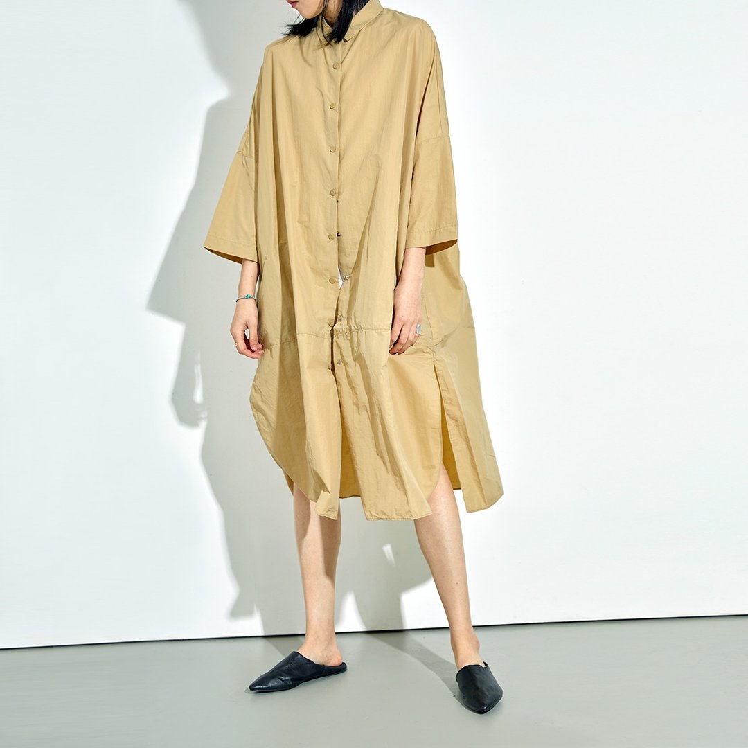 杲果GAOGUO原创设计师女装 新款杏衬衫领系扣大廓形中长风衣外套 - 女装西装外套/风衣 - 聚酯纤维 卡其色