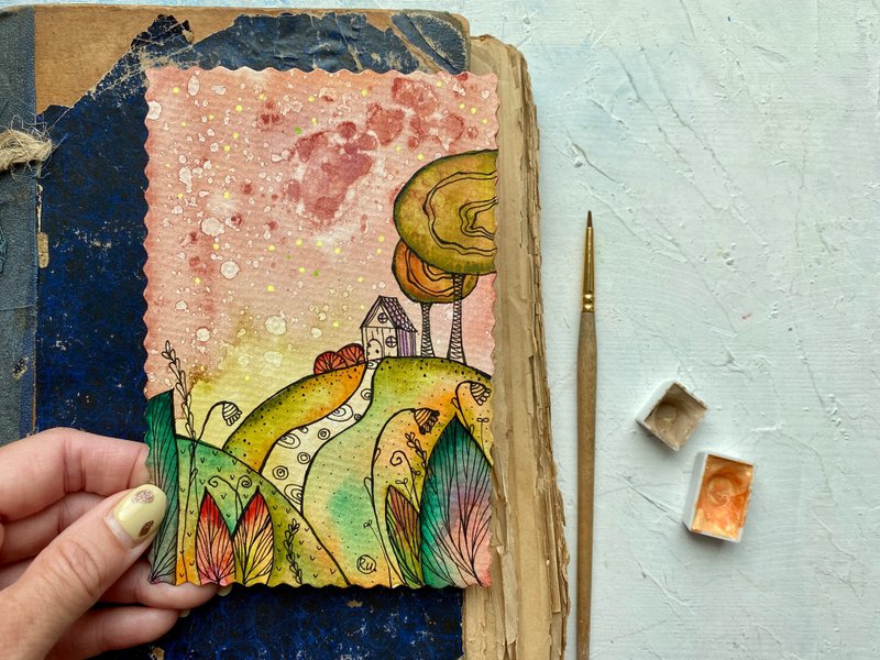 Small painting Landscape Original art Flower watercolor Colorful small artwork - 海报/装饰画/版画 - 纸 多色