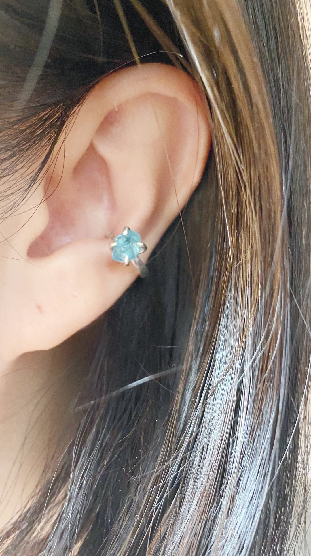 【听山  听海】磷灰石原矿 纯银 耳骨夹 耳扣 ear cuff 单只 - 耳环/耳夹 - 半宝石 蓝色