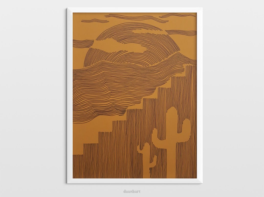 西南墙艺术原始线条画太阳和仙人掌景观艺术品 - 海报/装饰画/版画 - 纸 咖啡色