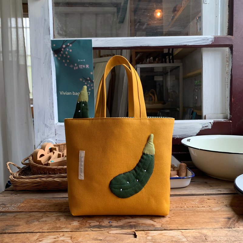 绿栉瓜 手提袋/土黄底 - 手提包/手提袋 - 棉．麻 绿色