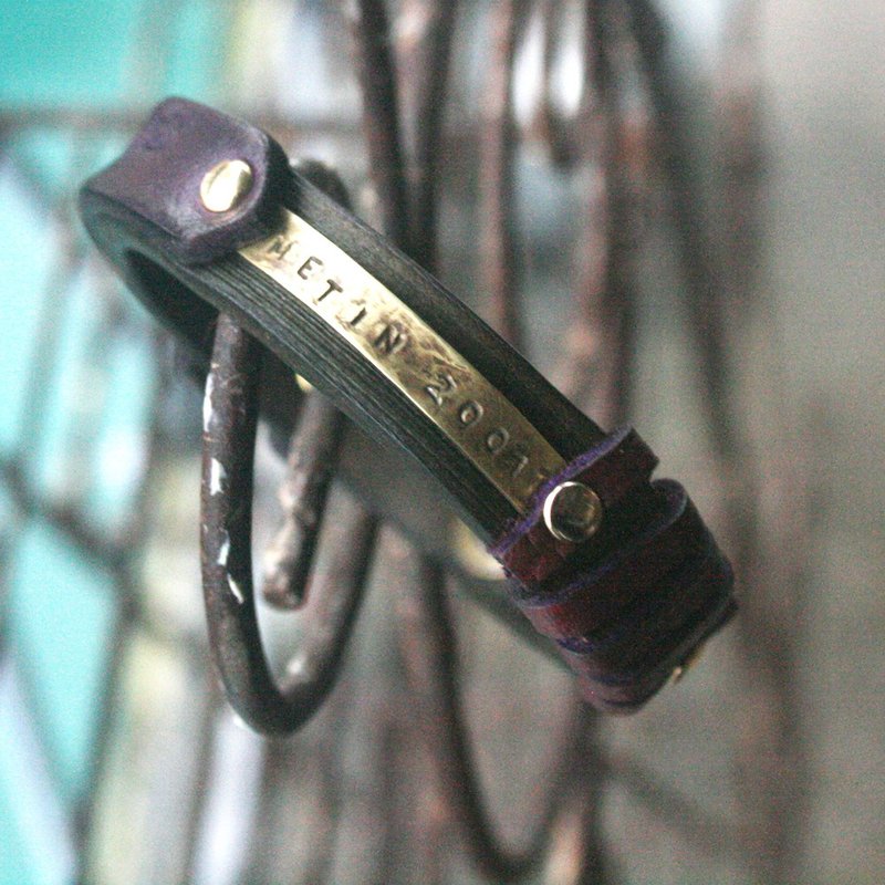 atwill。手工刷色渐层牛革钉扣硫化铜刻字牛皮手环/紫x深绿 - 手链/手环 - 真皮 紫色