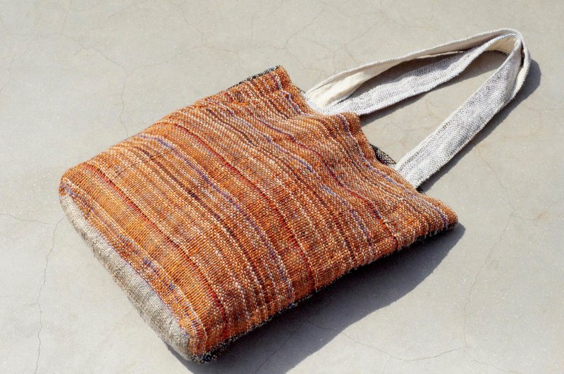 限量一件 天然棉麻手织布条纹轻便包 / 背包 / 侧背包 / 肩背包 / 旅行包 - 橘色 + 黑色双色拼接 - 侧背包/斜挎包 - 棉．麻 多色