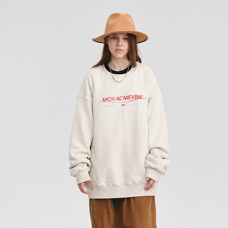 MOKACME  22AW街头潮流做旧印花圆领加绒卫衣大学T男女情侣多色 - 中性连帽卫衣/T 恤 - 棉．麻 白色