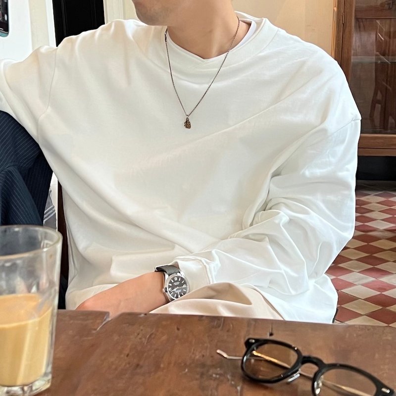 T-SHIRT 雙層V領秋冬季基本款長袖TEE恤 超舒適面料寬鬆質感設計 - 男装上衣/T 恤 - 棉．麻 白色