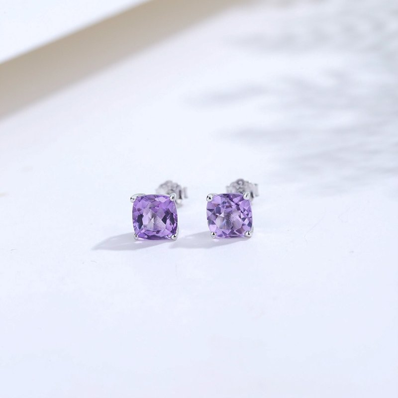 紫水晶925纯银耳钉 | 天然石水晶925纯银镀白金耳环礼物 - 耳环/耳夹 - 宝石 紫色