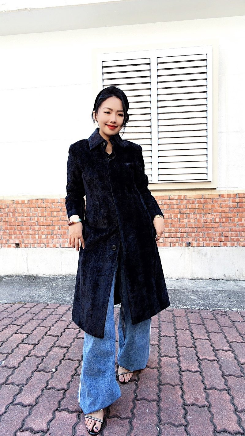深黑蓝色特殊少见绒面短毛 古着羊毛中长版大衣外套 overcoat - 女装休闲/机能外套 - 羊毛 蓝色