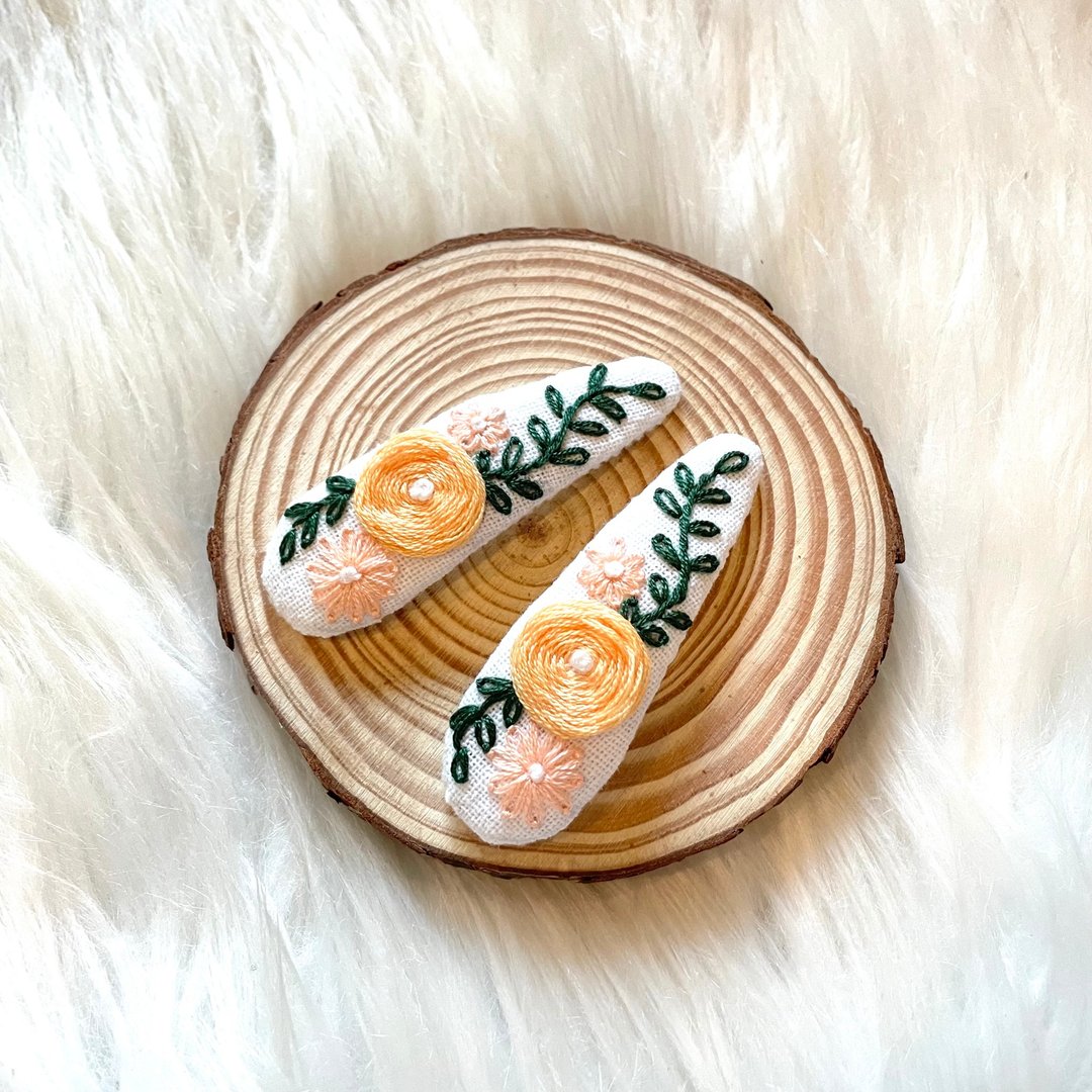 刺绣橙色花卉发夹 - 两件套 手工刺绣发夹 - 发饰 - 棉 橘色
