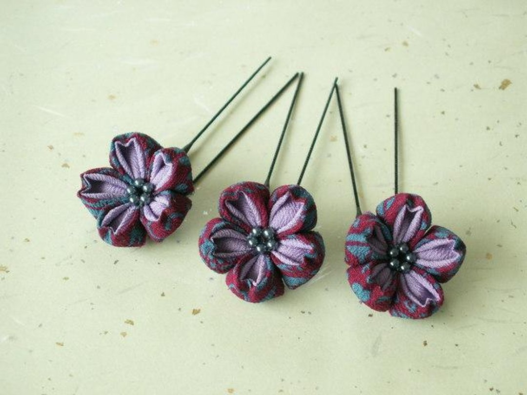 ♪ perfect to knob crafted three-piece set of hair ornaments of cherry tree made from old cloth <purple> Hanami - 发饰 - 其他材质 紫色