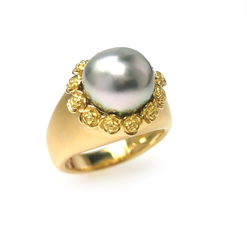 K18黄K金 南洋黑蝶珍珠戒指 塔希提珍珠 小巧玫瑰 - 戒指 - 珍珠 