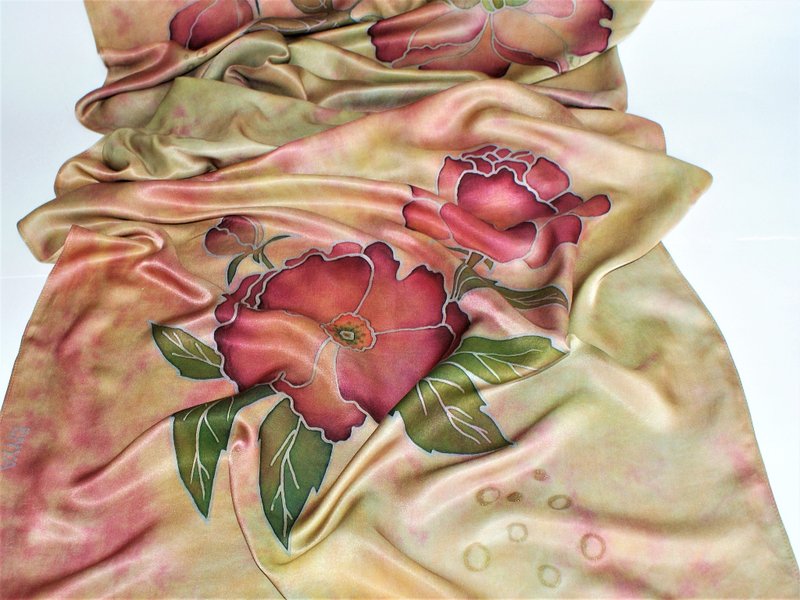 Hand-painted silk scarf Floral long silk scarf Silk satin scarves Peony shawl - 丝巾 - 丝．绢 多色