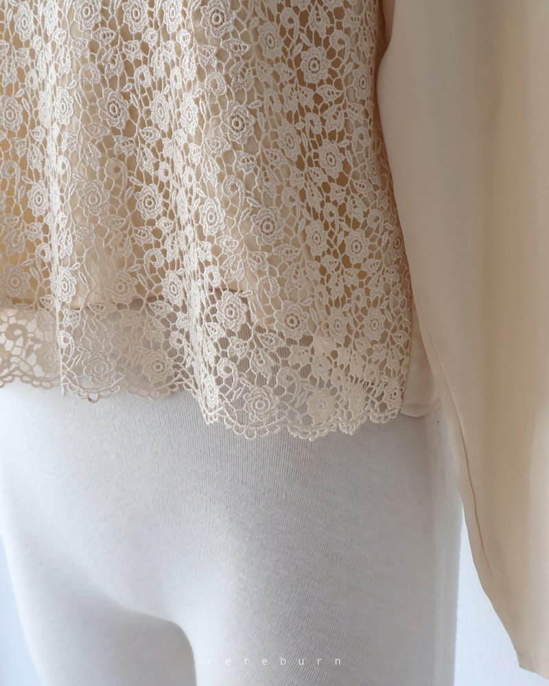 日本制复古剪裁蕾丝拼接长袖米色背后扣古着衬衫 - 女装衬衫 - 聚酯纤维 橘色