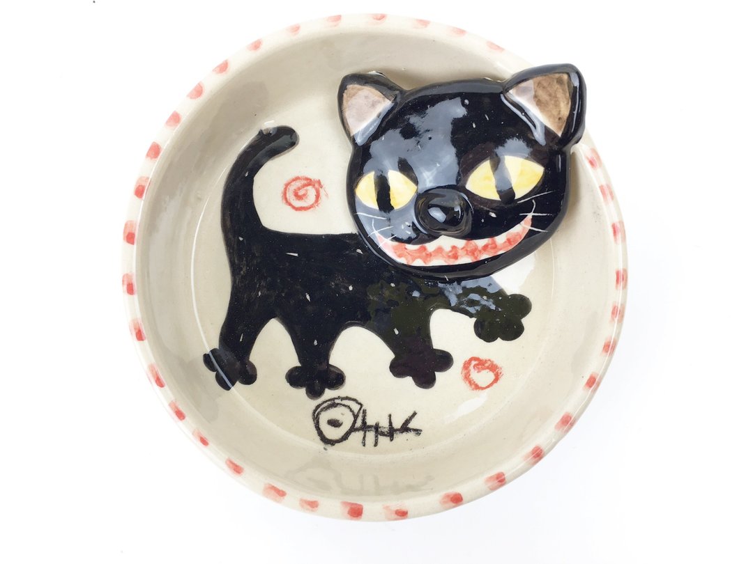 Nice Little Clay 手工立体圆盘_微笑黑猫112525 - 浅碟/小碟子 - 陶 白色