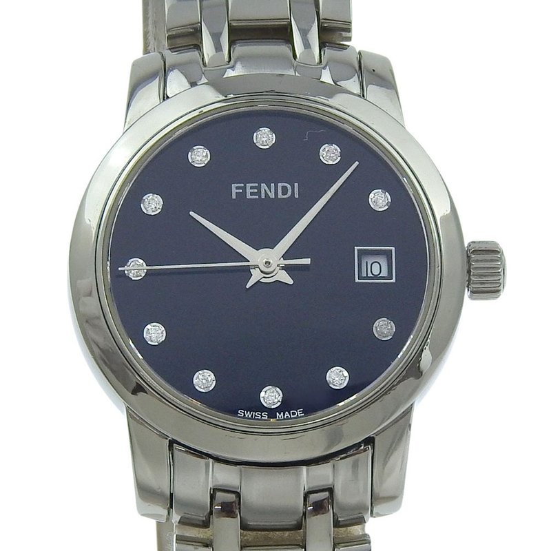 [日本直邮] FENDI 11P 钻石手表 Date 2100L SS 石英模拟显示黑色表盘女士腕表 [二手] - 女表 - 不锈钢 银色