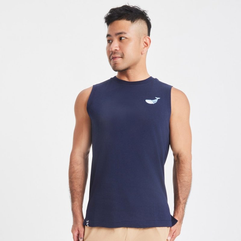 【漂浮热浪岛】鲸鱼排汗宽肩背心丈青款(男女适用) - 男装背心 - 其他材质 蓝色