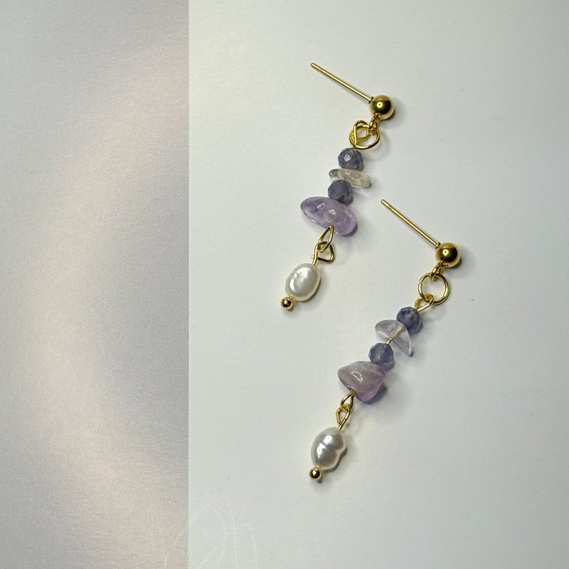 - 紫罗兰舞裙 - 紫水晶.堇青石.淡水珍珠 招财学业进步意志力减肥 - 耳环/耳夹 - 水晶 紫色