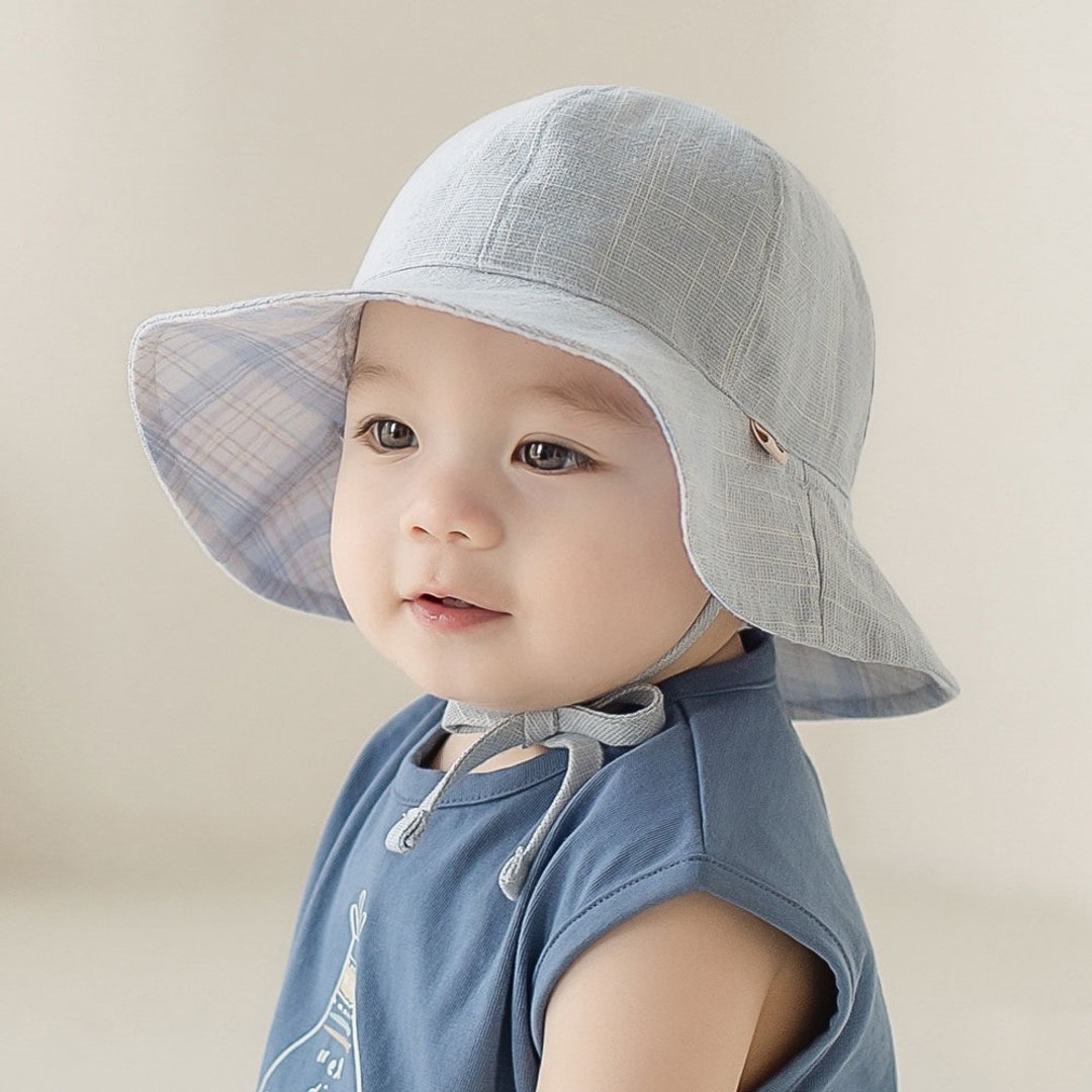 Happy Prince 韩国制 Mariel双面可戴格纹婴儿童遮阳帽 - 婴儿帽/发带 - 棉 蓝色