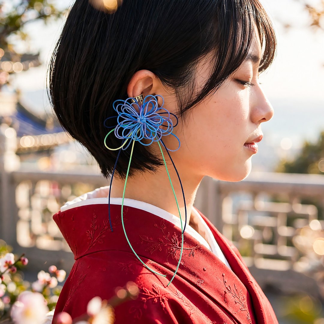 饰结单边耳夹 花回旋・漂 | 手染线材编织的盛放花朵。适合浴衣、和服与日常穿搭。 - 耳环/耳夹 - 其他金属 蓝色