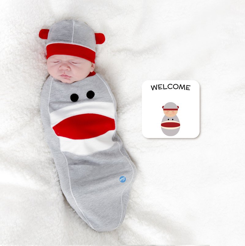 BABYjoe美国制纯棉手工包巾弥月套组咕噜大眼猴宝宝【HotSummer】 - 满月礼盒 - 棉．麻 灰色