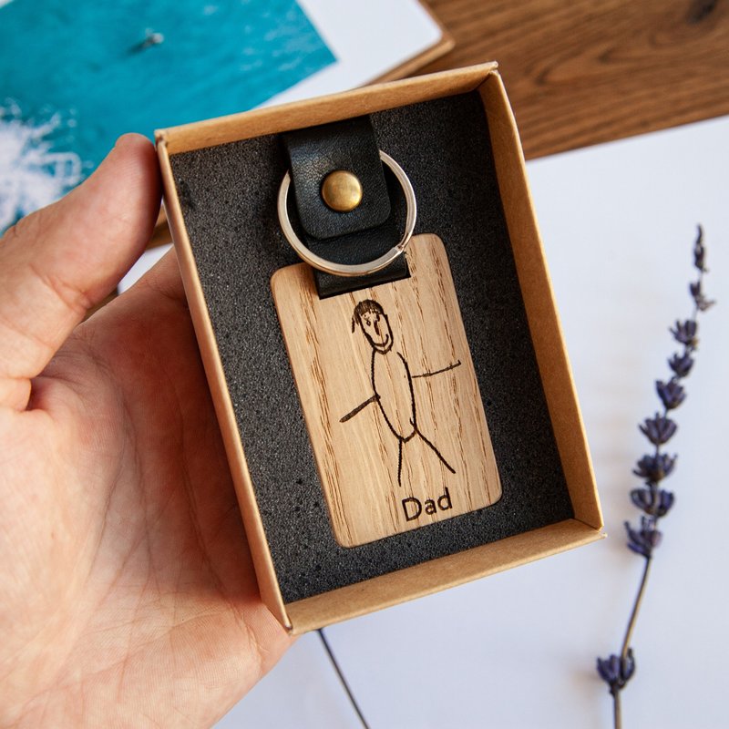 Custom handwriting keychain for dad  with drawing my son, engraved keyring gifts - 钥匙链/钥匙包 - 木头 