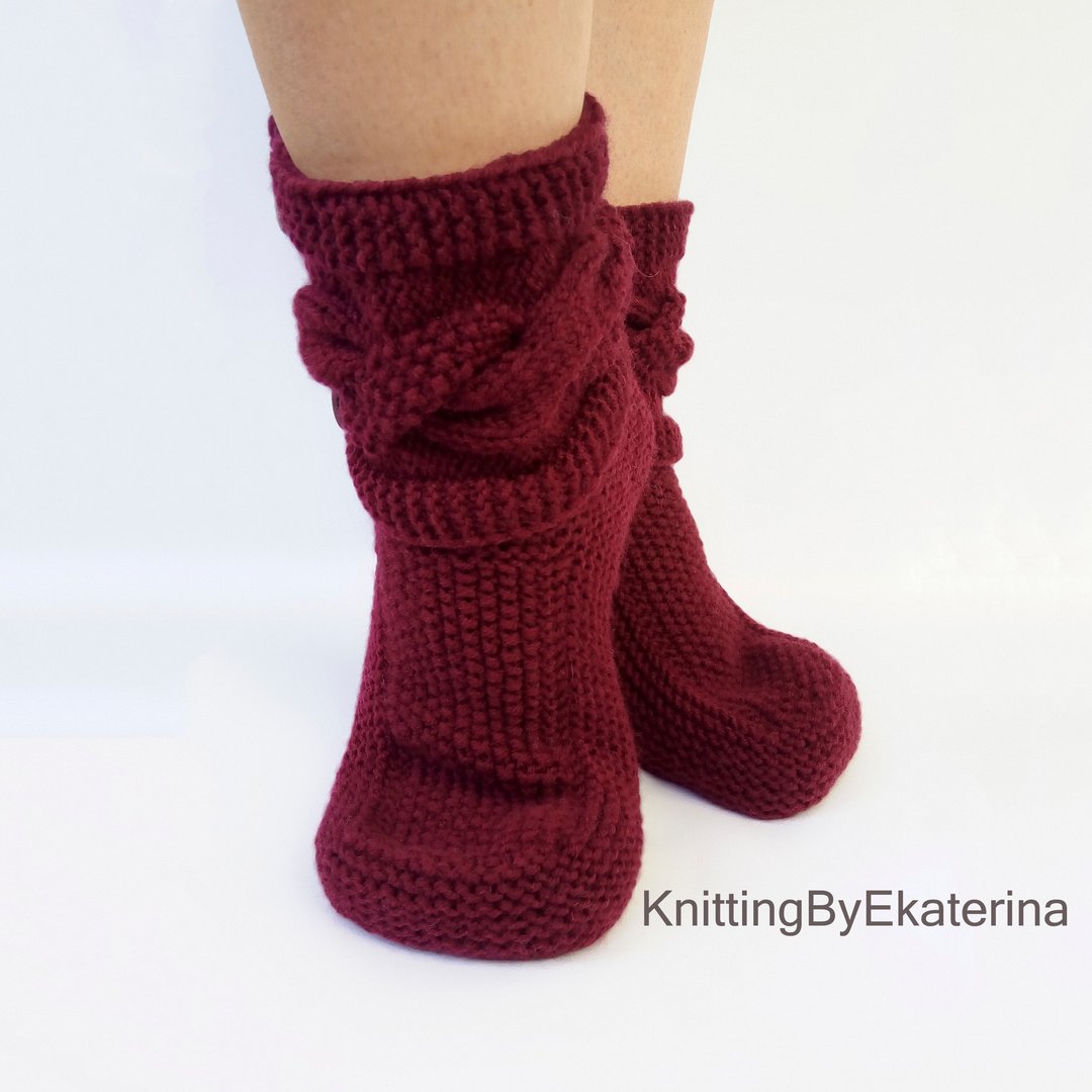 Knitted Slippers Cable Knit Slipper Boots Women Socks Wool Slippers Mothers Day - 袜子 - 羊毛 红色