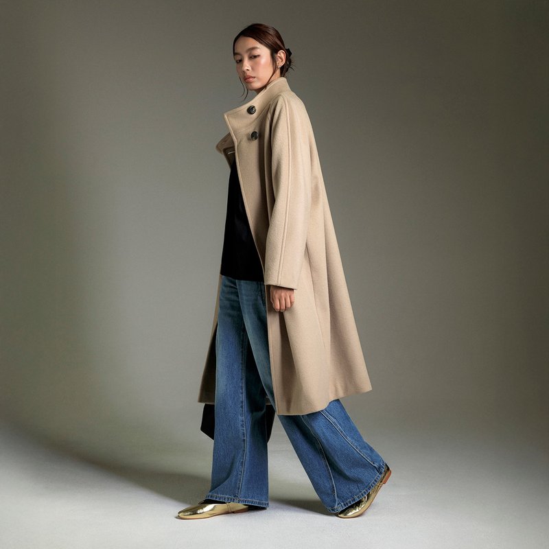 留白立领斜襟羊毛混纺长版大衣 - 女装休闲/机能外套 - 其他材质 卡其色