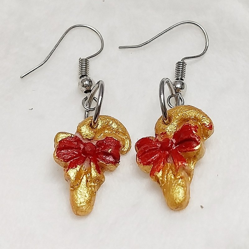 耳环，圣诞手杖耳环，金，红，手工制作。 - 耳环/耳夹 - 粘土 金色