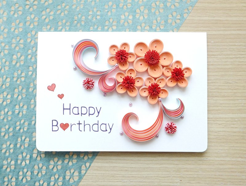 手作卷纸卡片-花儿的祝福Happy Birthday生日卡 橘粉色祝福卡 - 卡片/明信片 - 纸 粉红色