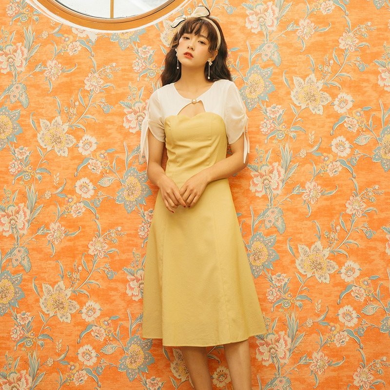 【出清品】安妮陈2019女夏季领口镂空系带连身裙洋装 9339 - 洋装/连衣裙 - 聚酯纤维 黄色