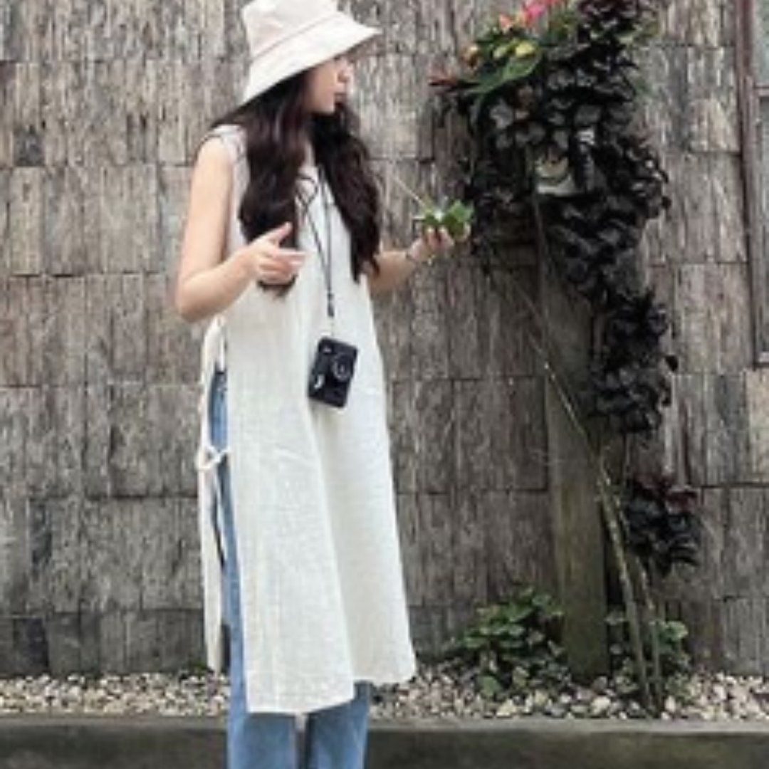 Sexy Dress Long  Natural Cotton 100%  rope tied on the sides. - 洋装/连衣裙 - 棉 