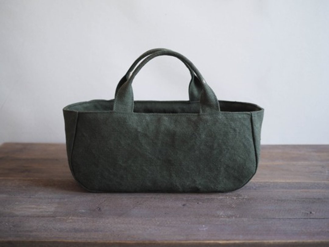 Made-to-order [MILITARY TWILL] Round tote with lid Yokonaga khaki drab - 手提包/手提袋 - 棉 绿色