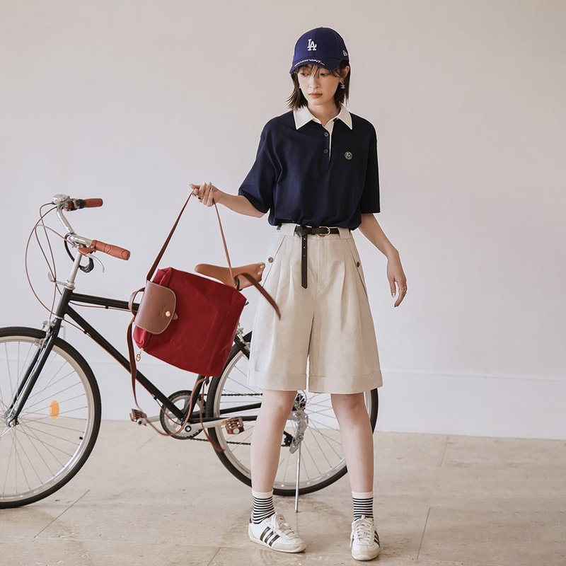 日系复古翻边五分裤|裤子|两色|春夏款|法国亚麻|Sora-1165 - 女装短裤 - 棉．麻 多色