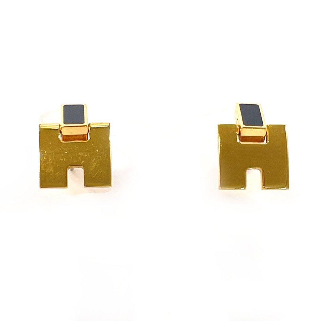 【日本直送 二手美品】爱马仕 HERMES Eileen 耳环 H Logo 金属 镀金/黑 饰品 附保存盒 - 耳环/耳夹 - 贵金属 金色
