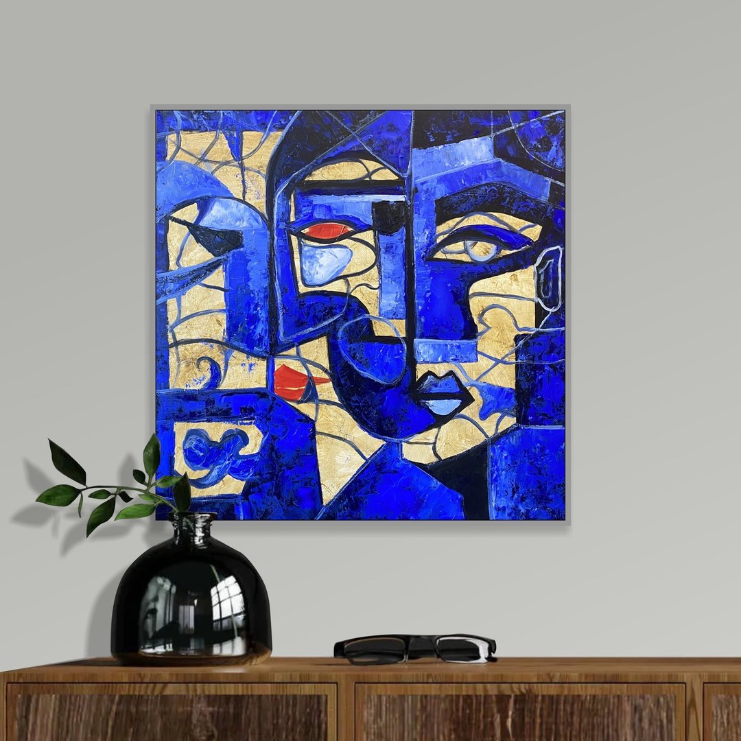 蓝色立体派绘画抽象几何脸部艺术现代艺术品墙面装饰 - 墙贴/壁贴 - 压克力 蓝色