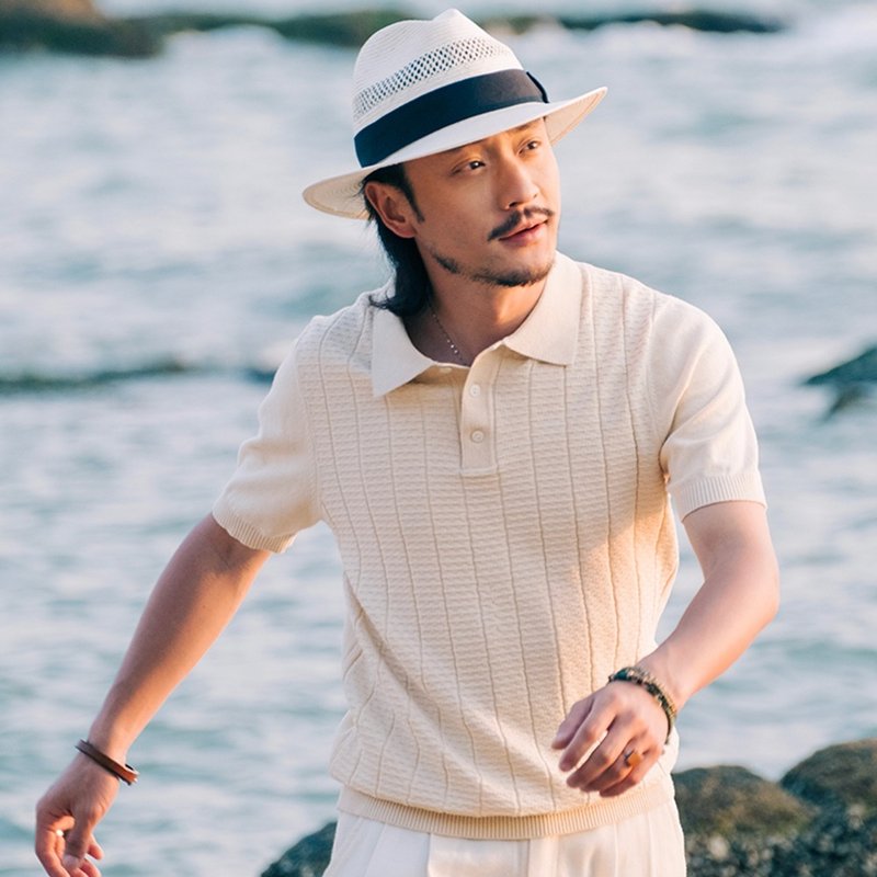 SOARIN英伦复古翻领条纹针织POLO衫(2522P29) - 男装针织衫/毛衣 - 棉．麻 白色