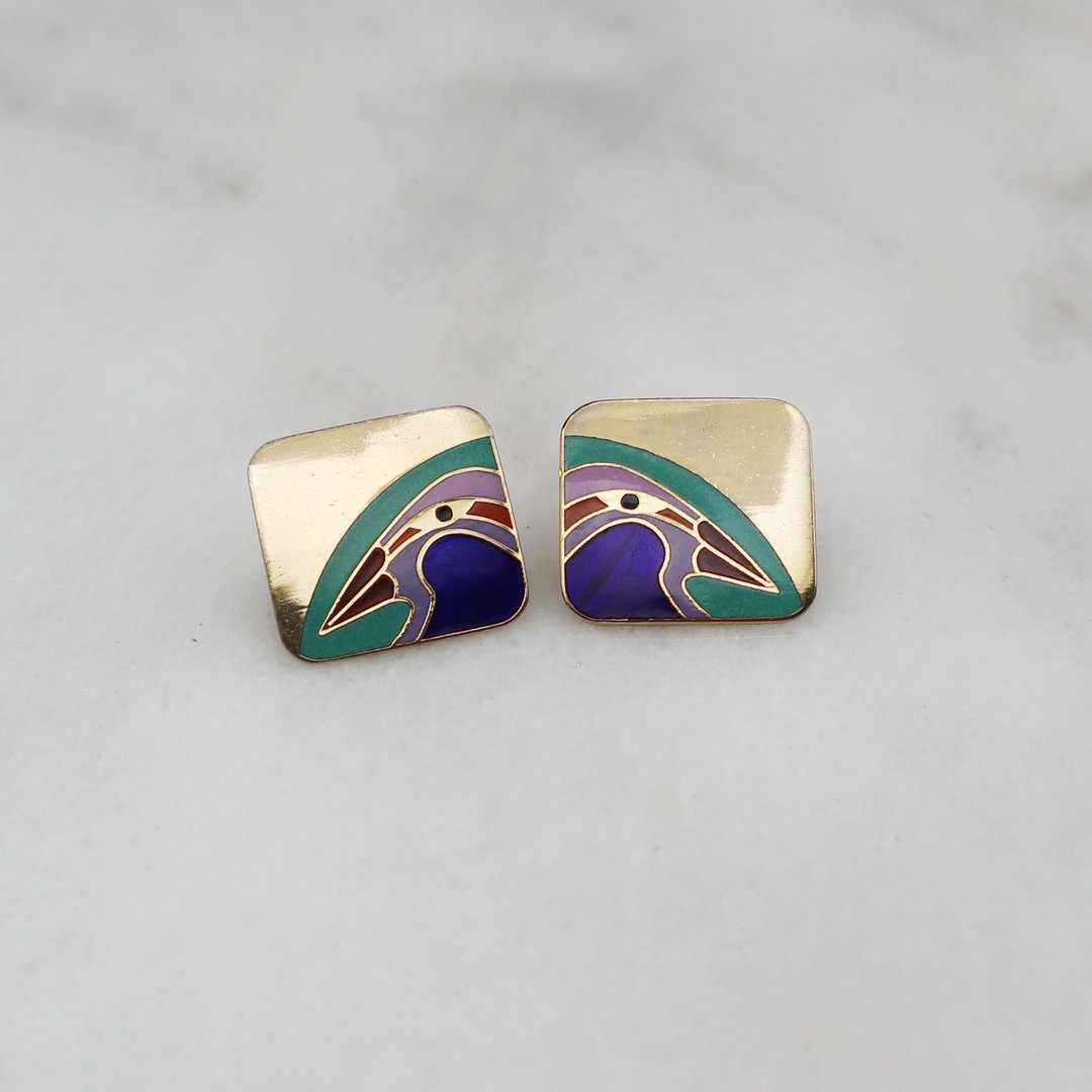 南瓜Vintage。Laurel Burch 1980s 手工 珐琅 针式 耳环 - 耳环/耳夹 - 珐琅 