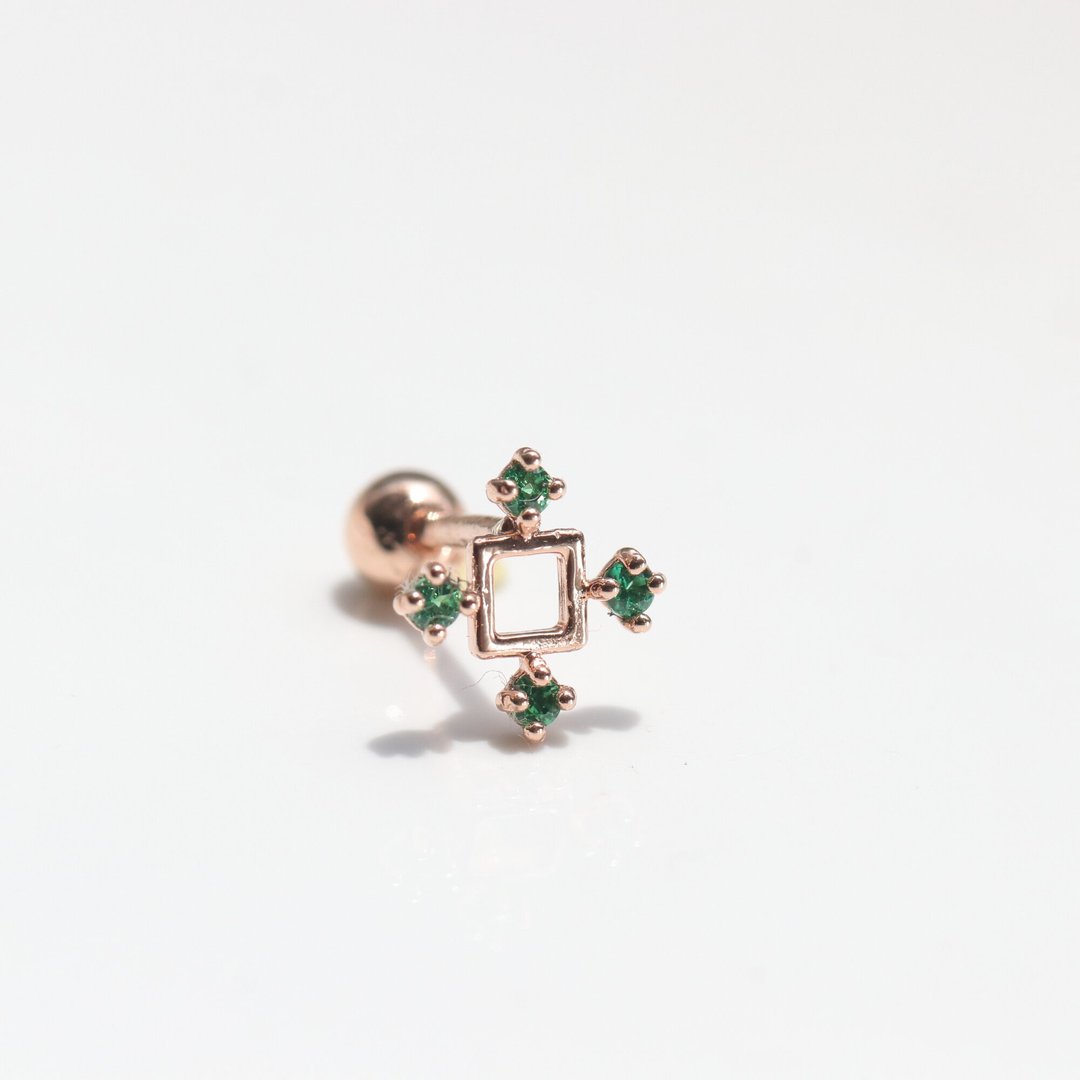 14K Square CZ Piercing 方形绿钻转珠耳环(单个) - 耳环/耳夹 - 贵金属 金色