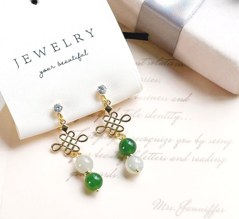 琉璃玉如意耳夹耳环/旗袍耳环/复古耳环/ 母亲节礼物 - 耳环/耳夹 - 玉石 绿色