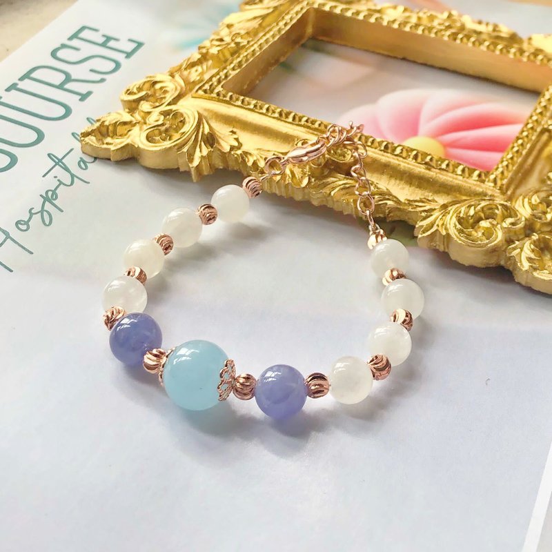 爱情运 健康 海蓝宝  坦桑石 月亮石 月光石  水晶手链 天然石 - 手链/手环 - 水晶 蓝色