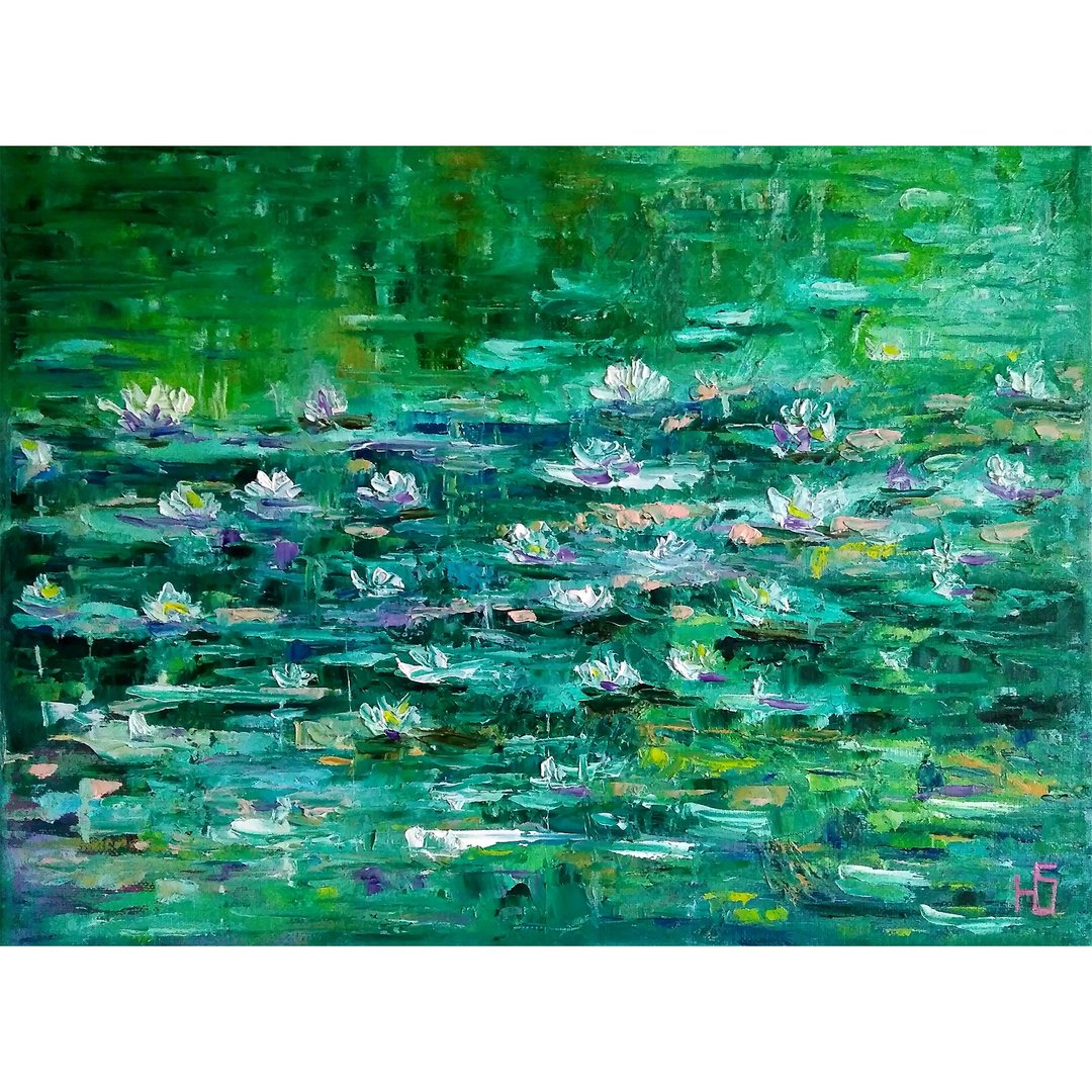 Pond Water Lily Painting Original Art, Lotus Pond Landscape Art, Floral Wall Art - 海报/装饰画/版画 - 棉 绿色