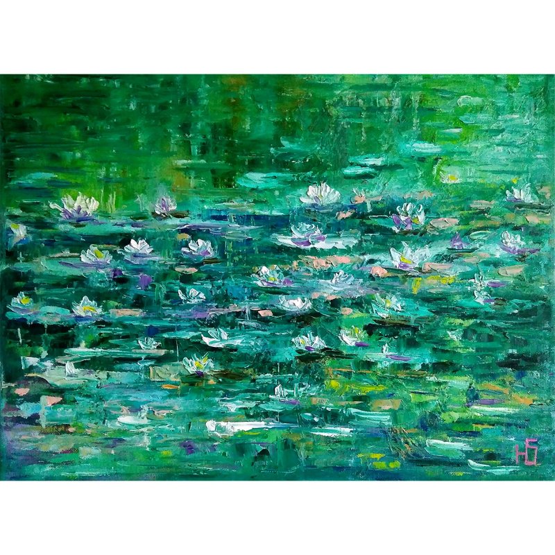 Pond Water Lily Painting Original Art, Lotus Pond Landscape Art, Floral Wall Art - 海报/装饰画/版画 - 棉．麻 绿色