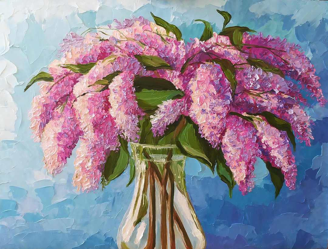 绘画花束淡紫色油画 impasto 静物原创艺术鲜花 - 墙贴/壁贴 - 其他材质 粉红色