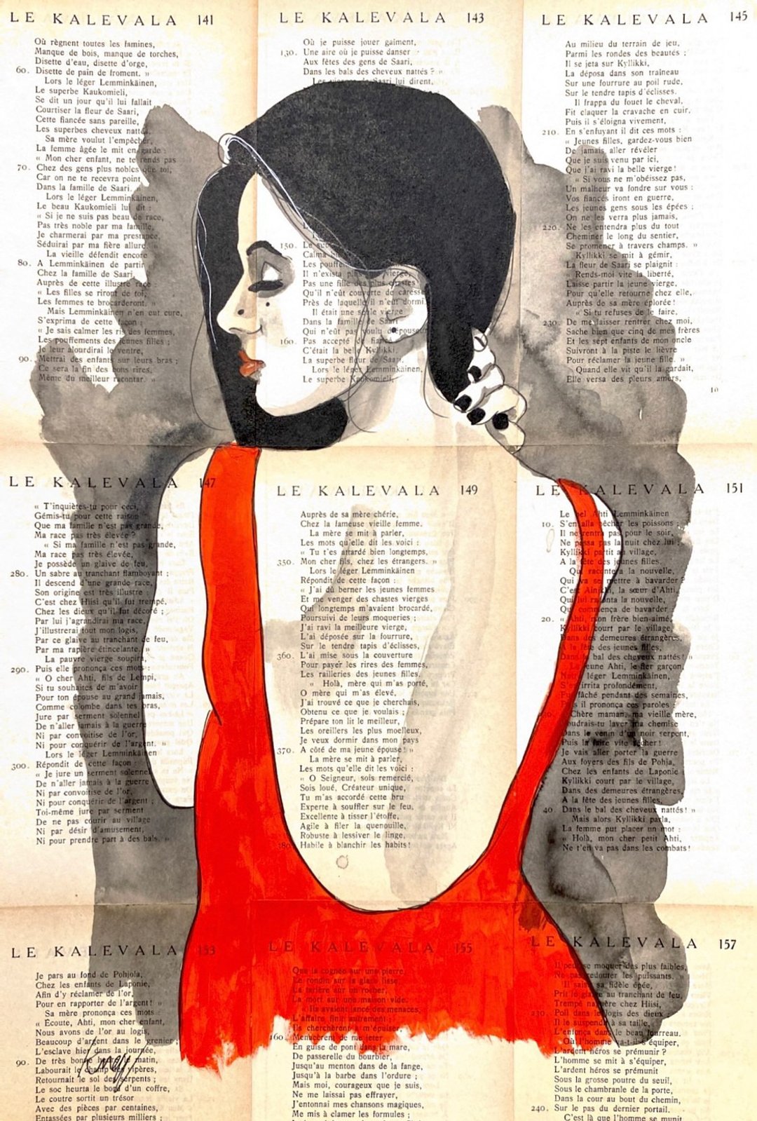 英国艺术家Keven May - 红衣女人 - 水彩拼贴watercolour collage - 海报/装饰画/版画 - 纸 红色