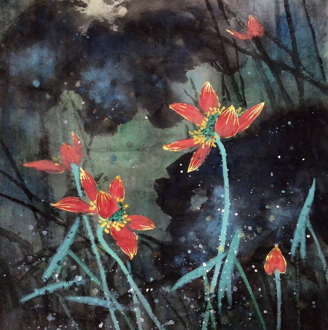 金露荷香·夜 画作 林菲满 台湾女书画家 - 居家摆设 - 摆饰 - 颜料 黑色