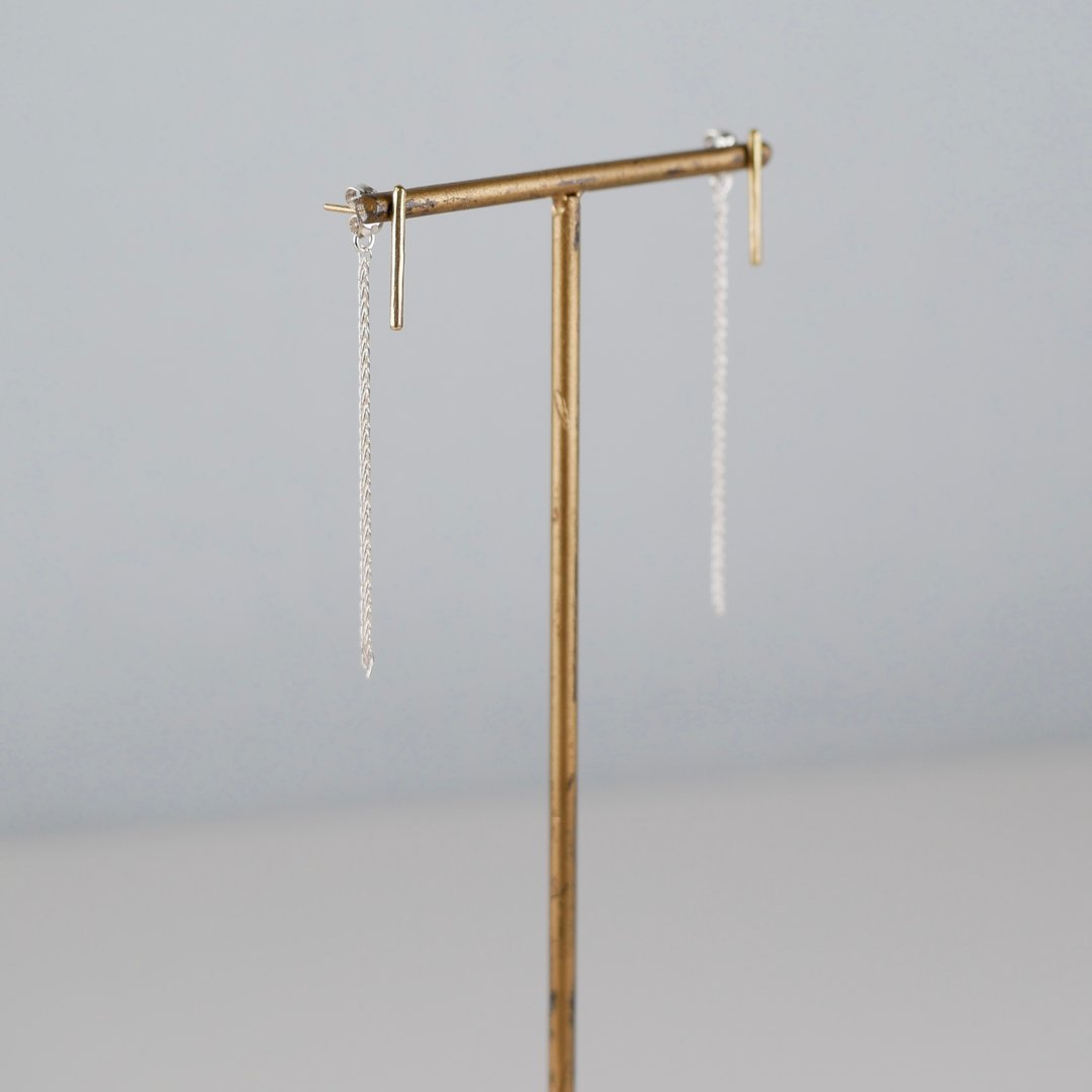 Brass&Sillver925  Back-chain pierced earrings - 耳环/耳夹 - 其他金属 金色