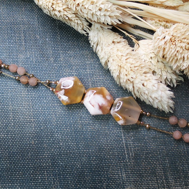 VIIART。小花园-甜糖花。樱花玛瑙橙月光古着金黄铜手链限量发售 - 手链/手环 - 玉石 橘色