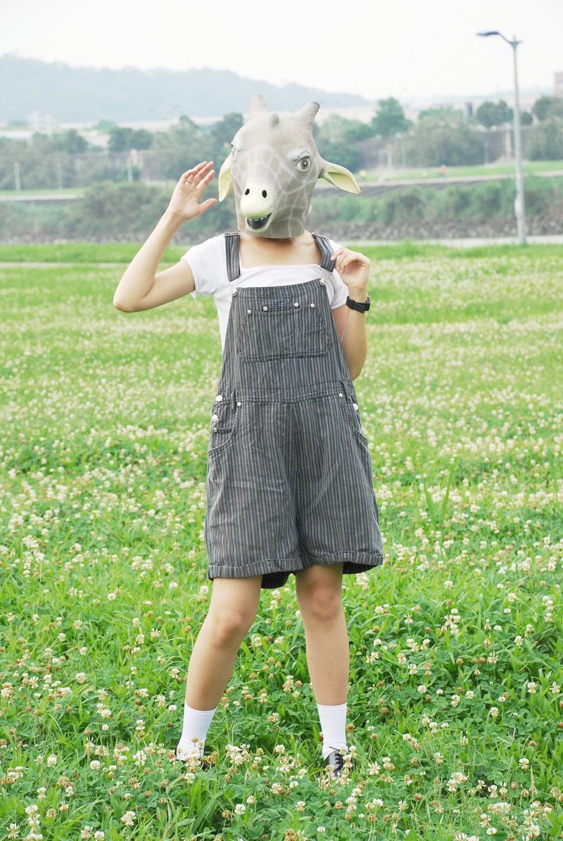 {:::Giraffe 长颈鹿人:::}_古着黑灰条纹牛仔吊带裤 - 背带裤/连体裤 - 棉．麻 黑色