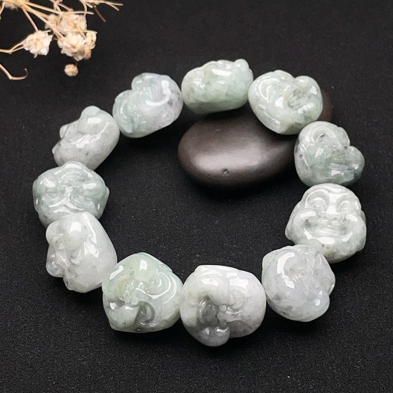 冰糯飘绿翡翠弥勒佛手链 | 天然缅甸玉翡翠A货 | 送礼 - 手链/手环 - 玉石 绿色