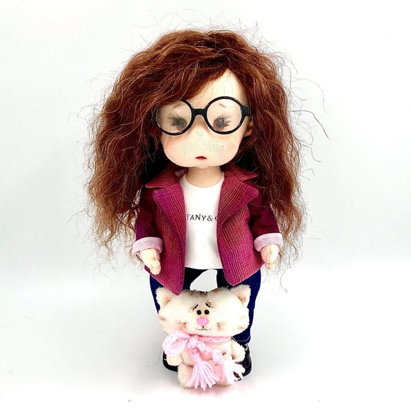Doll with cat, Christmas Gift Wrapping, Cloth doll, Textile doll, Xmas rag doll - 玩具/玩偶 - 其他材质 紫色