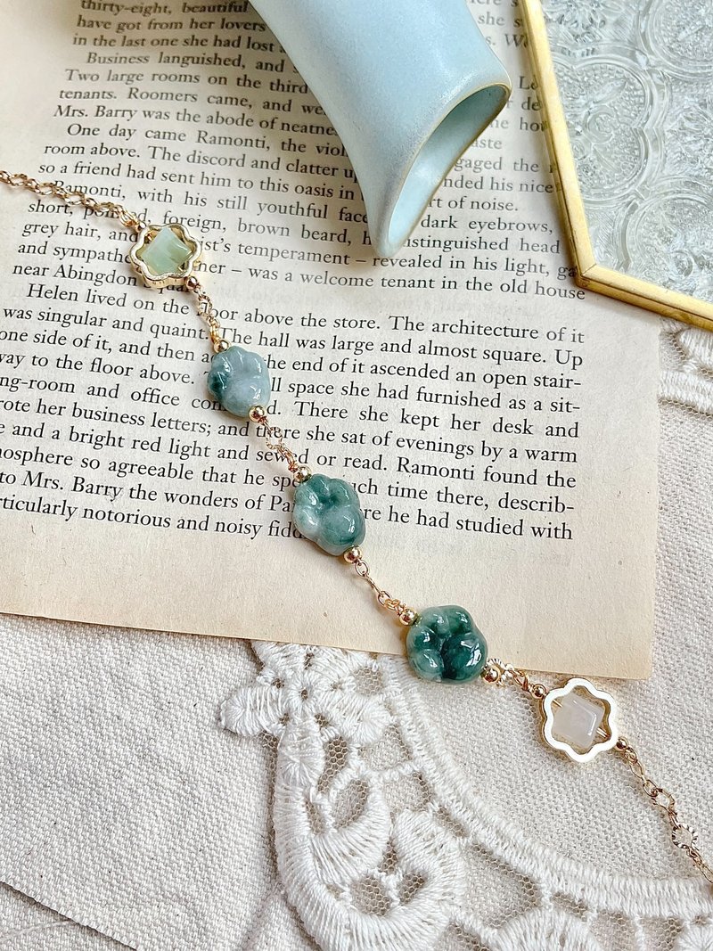 晴底飘绿猫掌14K包金手链    |天然缅甸翡翠 - 手链/手环 - 玉石 金色